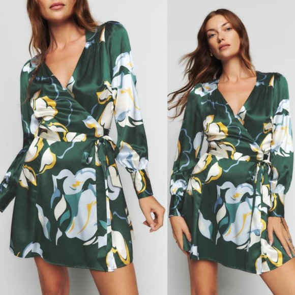 Reformation Chrisley Wrap Silk Mini Dress Lyra Green Floral V-Neck Long Sleeve - Picture 2 of 12